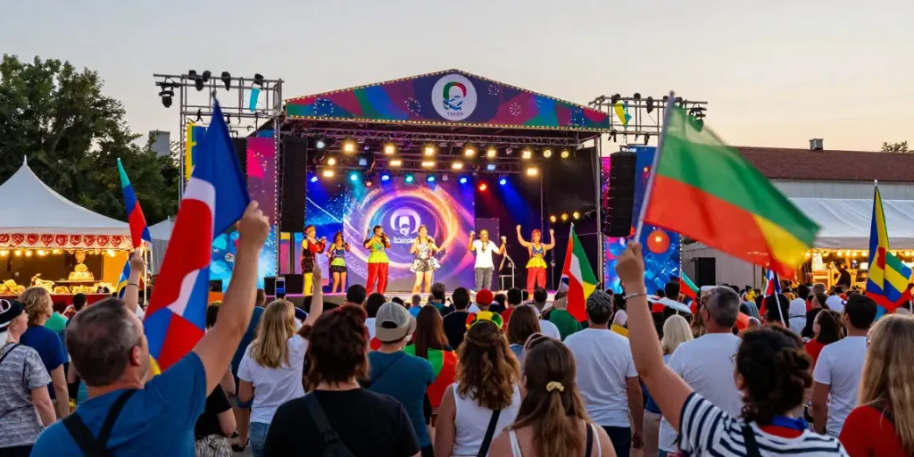 Kur pramogauti at Eurovizija festival with lively crowds and performers.