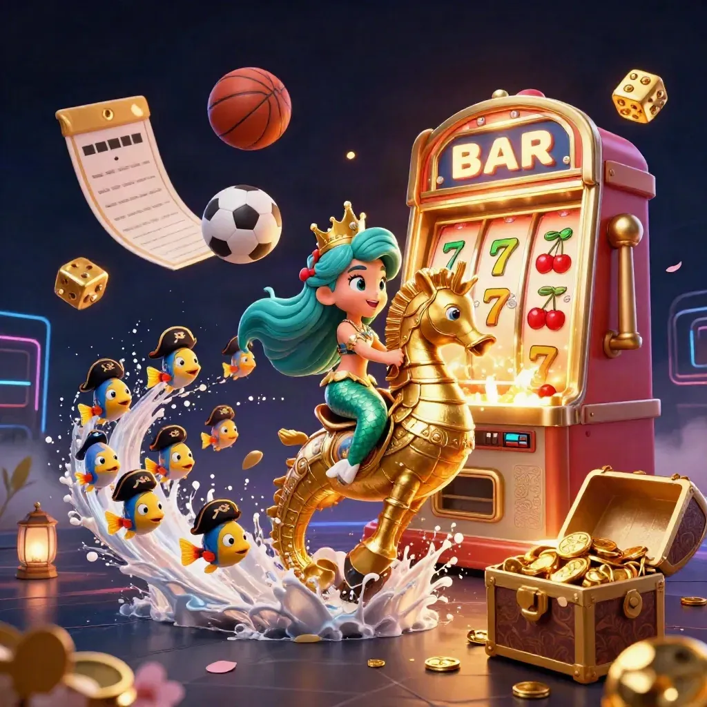 Mermaid princess on a gold seahorse amid casino symbols, sports balls, and glowing gold light.