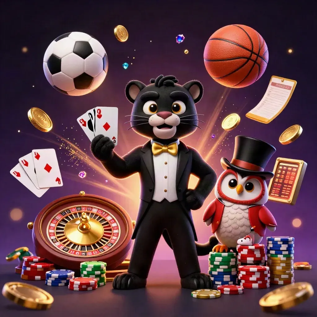 Black panther, owl and mouse amid flying chips, coins, balls and glowing casino effects.