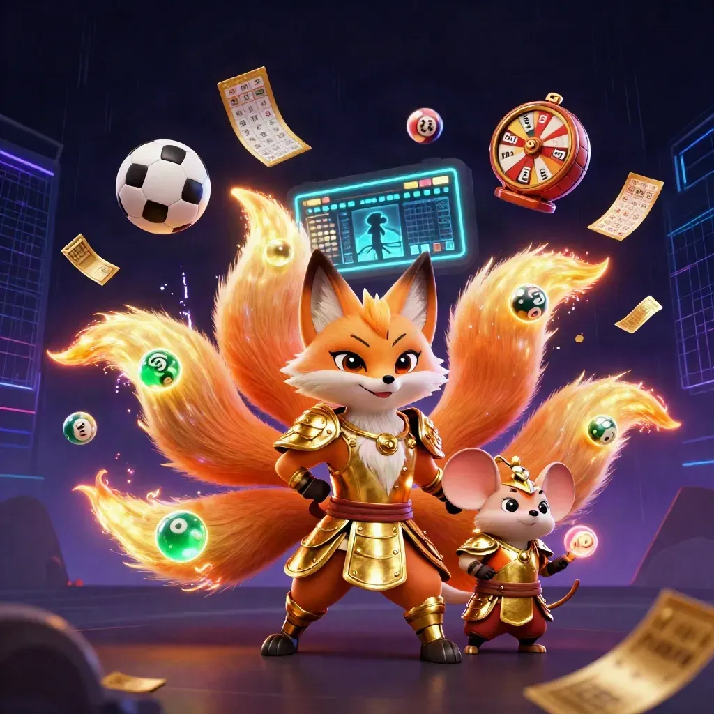Neon fox spirit and samurai mouse amid casino game elements, balls, wheel, and gold lights.