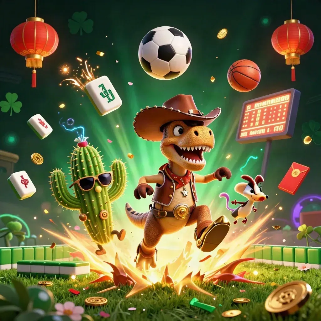 Cowboy T-Rex, cactus, and roadrunner in a neon sports-casino burst with balls, coins, and light.
