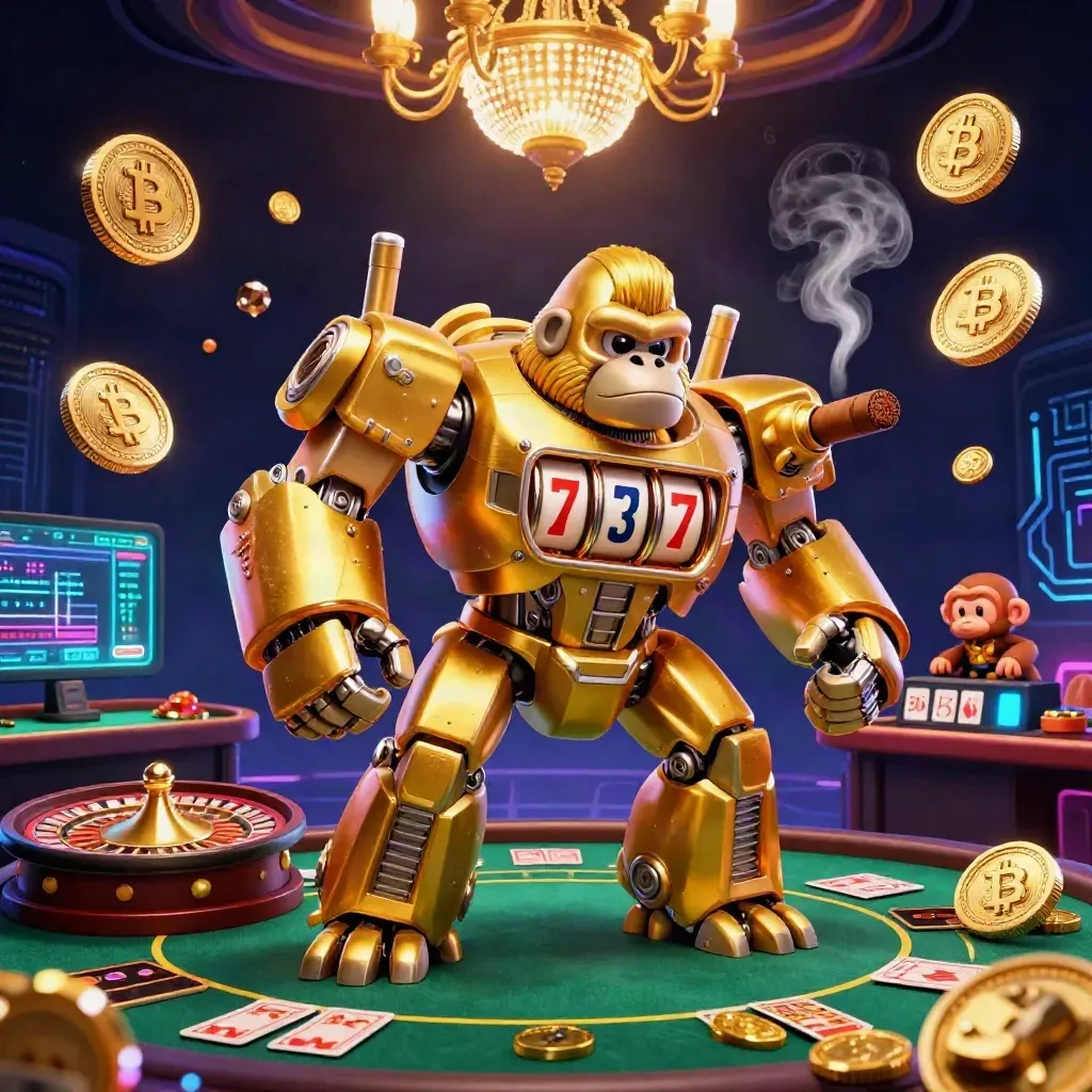 Golden gorilla mech with tiny monkey pilot in a neon casino vault, coins, roulette, charts.