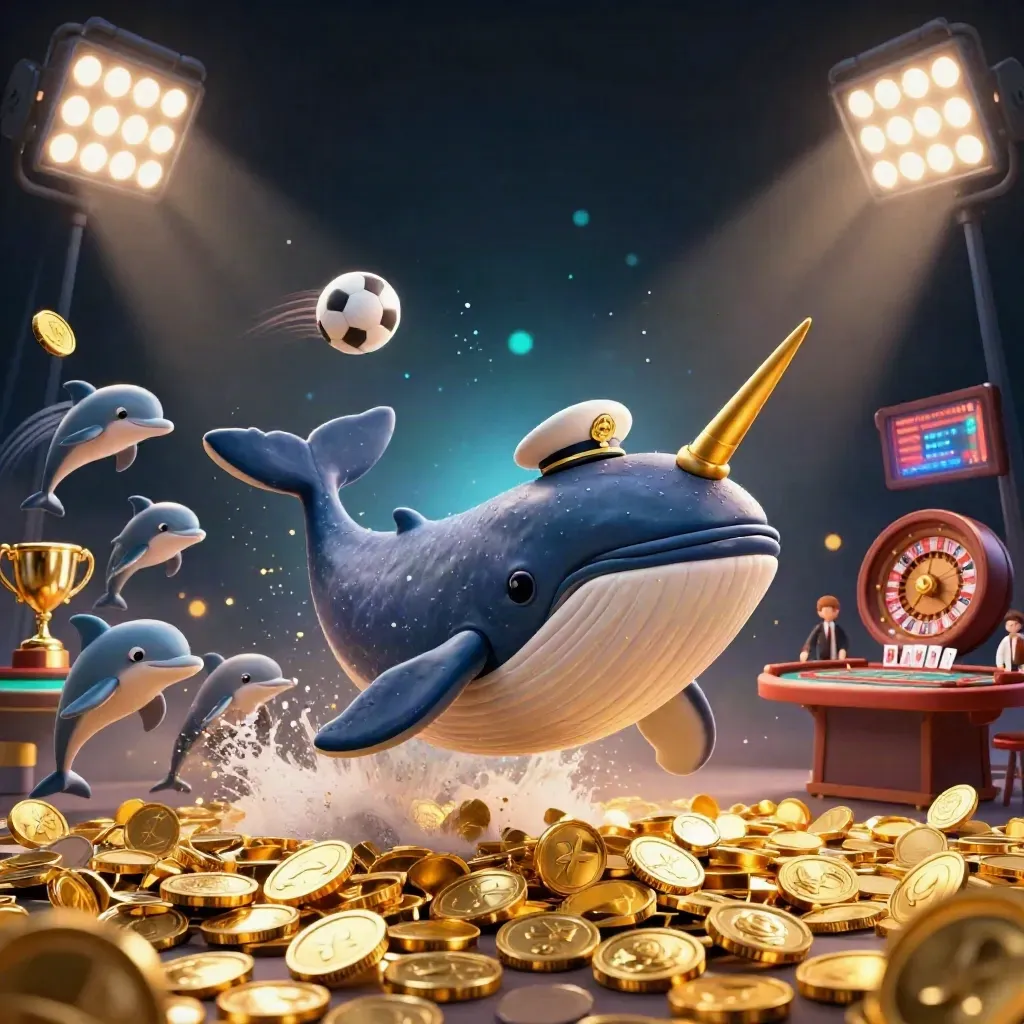 Cartoon whale, narwhal, and dolphins amid coins, lights, and casino luxury.
