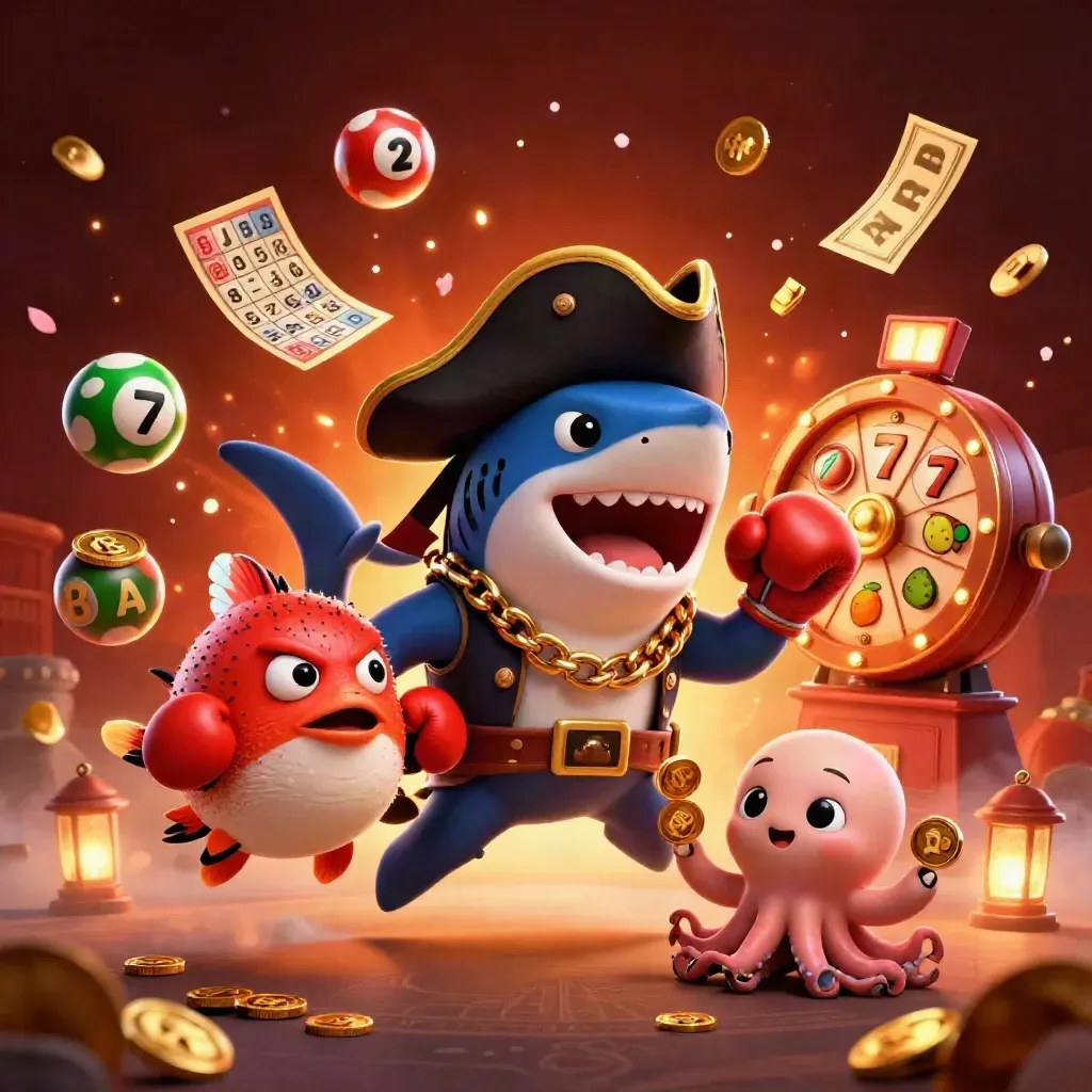 Pirate shark, pufferfish and octopus amid casino loot, glowing in gold and emerald.