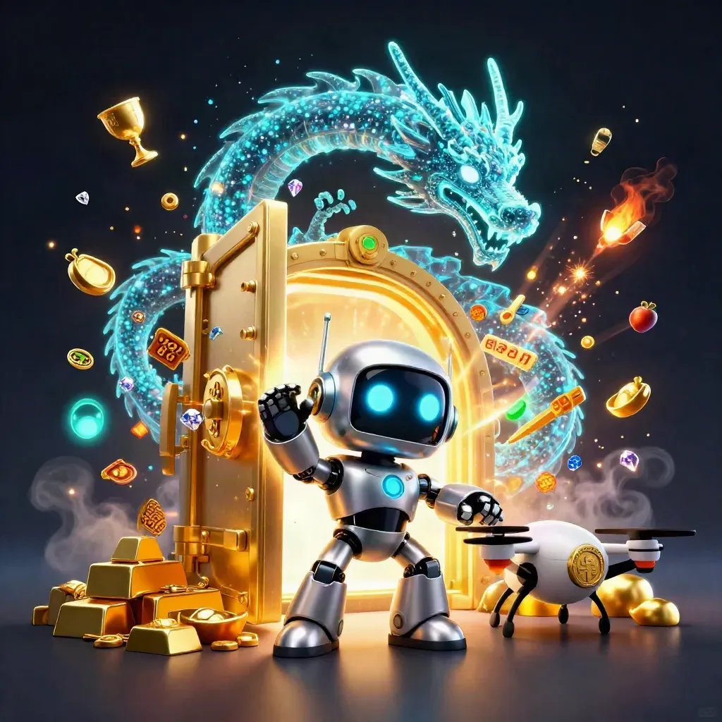 Cyberpunk robot, holographic dragon, and coin drone erupt from a vault with gold, gems, and neon blue light.