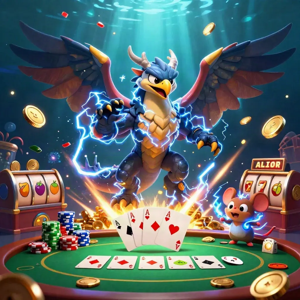 Thunder dragon, hawk, and mouse amid casino treasure, chips, cards, and lightning