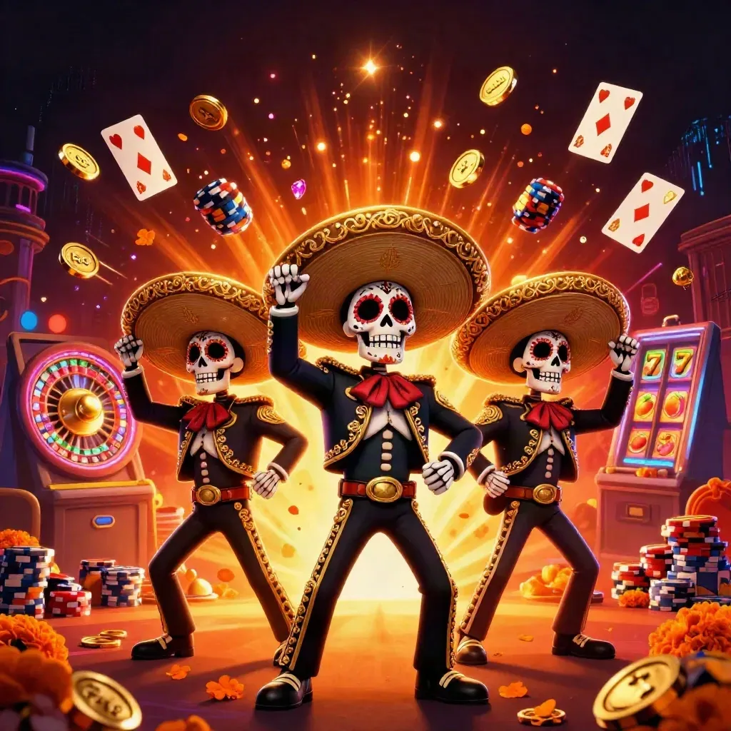 Skeleton mariachi trio amid coins, gems, roulette wheel, chips, cards, and fiery vault energy.