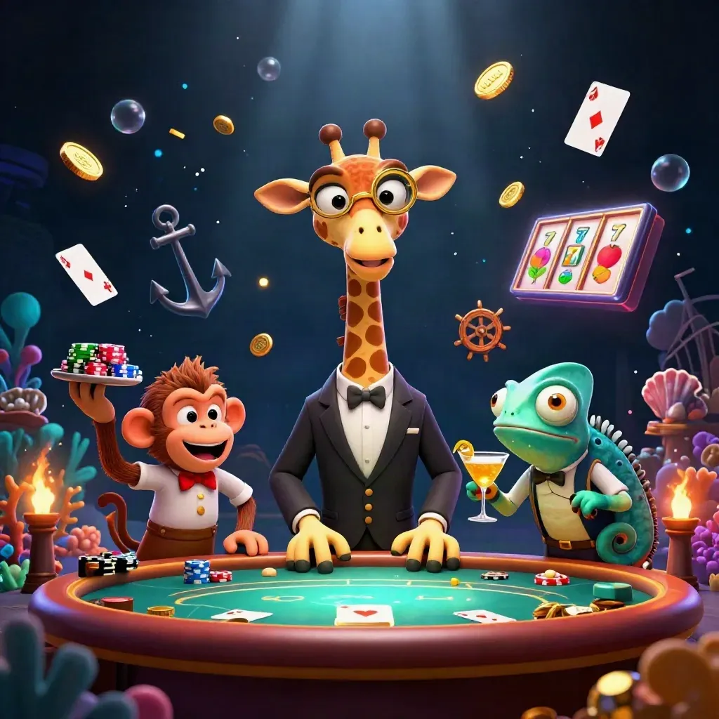 Giraffe, monkey, and chameleon casino heroes amid treasure, reels, coral, and glowing vault effects