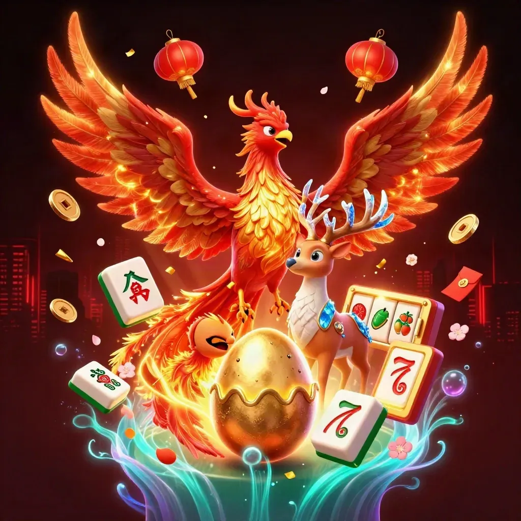 Phoenix, hatching chick, and crystal stag amid casino icons and reef glow.