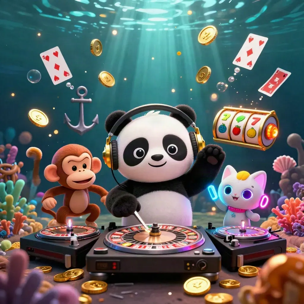 DJ panda, monkey, and glow-stick kitten in an underwater casino rave with treasure and slot reels