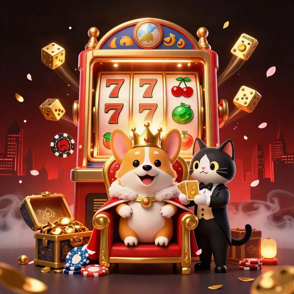 Royal corgi and cat butler amid a bursting slot machine, gold coins, and glowing casino effects.